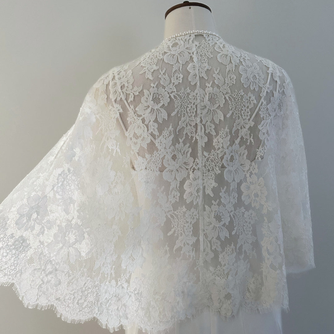 Refined French Lace Bridal Cape with Pearl Neckline Made in London