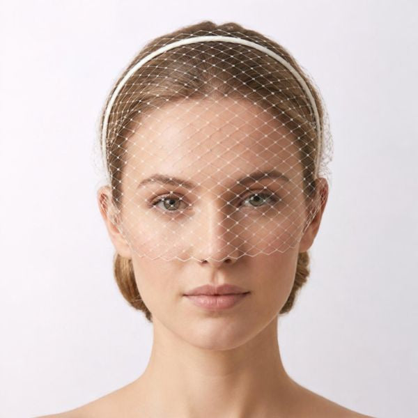 A bride wearing a white birdcage bridal veil with a thin white headband.